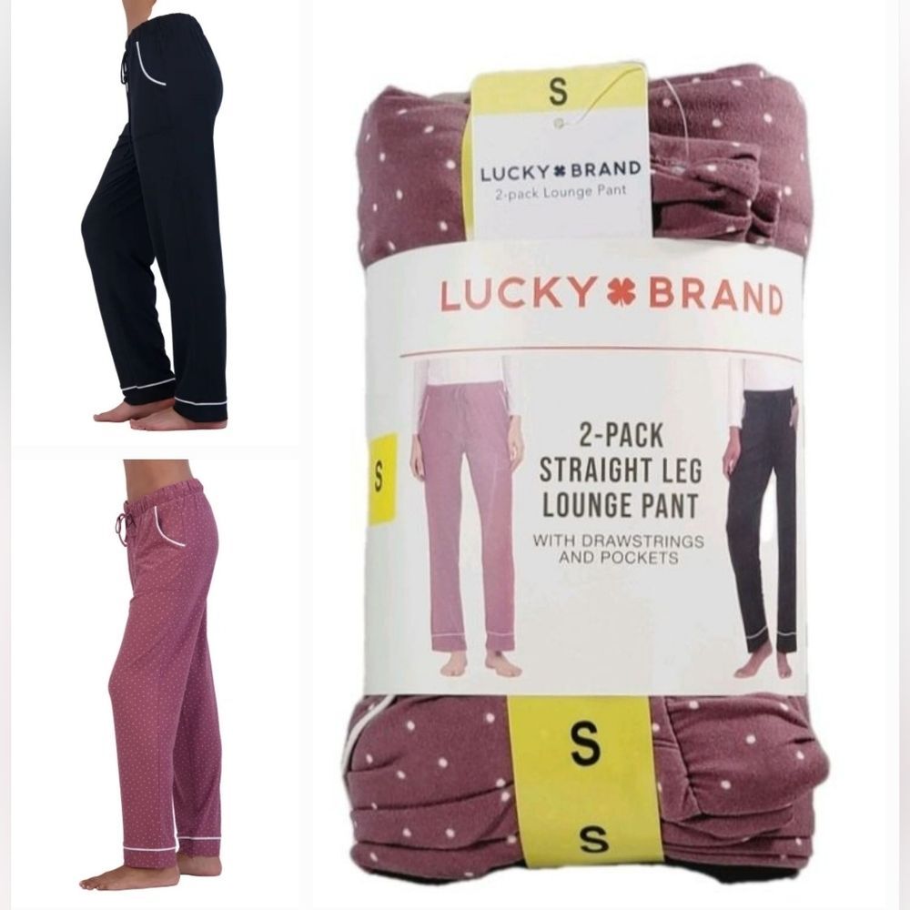 2-pk Lucky Women's S Comfy Straight Leg Lounge PJ Pants Relaxed Black/Pink Dot